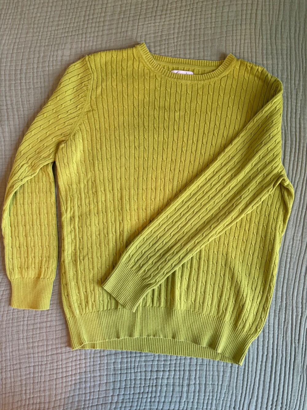 Kim Rogers Large Yellow-Green Cotton Cable Knit Crew Neck Sweater